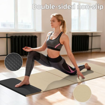 Foldable TPE Yoga Mat Thick 10mm,75" x40"Extra Large Exercise Mats - color: Beige