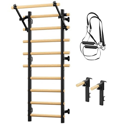 Swedish Ladder Wall Gym, Wooden Wall-Mounted Stall Bars with Pull-up Bar & Exercise Straps & Dip Bars, Stretching Ladder Full Body Home Gym Adults New