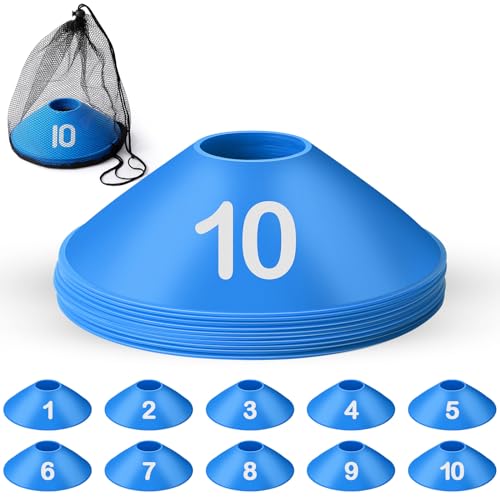 10 Pcs Numbered Sports Disc Cones 1-10 Soccer Cones with Mesh Carry Bag Flexible Agility Cones Soft Field Cones for Gym PE Classes School Activities Games, Sports Training Equipment