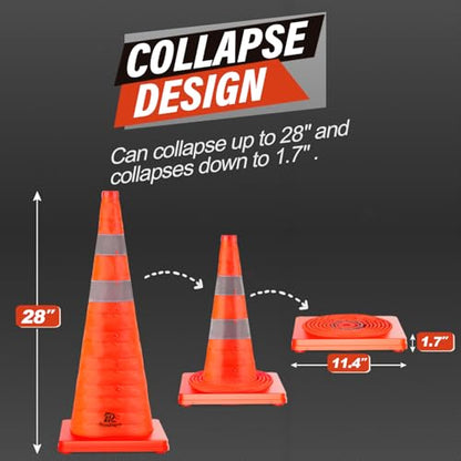 RoadHero 28 Inch 2 Pack Collapsible Traffic Safety Cones, Multi Purpose Pop-up Cones with Reflective Collar for Road Safety, Orange Cones for Driving Training, Parking Lots - size: 28 Inch