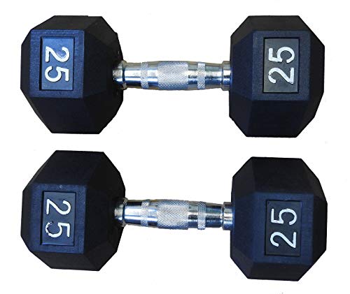 Premium Quality, Rubber Coated 25 lb Hex Dumbbells For Strength Training and Fitness (Sold in Pairs)