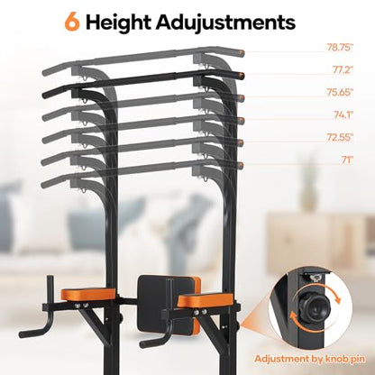 Power Tower Pull Up Bar,Pull Up Bar Station, 6-Level Adjustable Pull Up Dip Station for Home Gym, 450 Lbs Weight Capacity, Strength Training Fitness Workout Equipment with Power Elastic Ropes