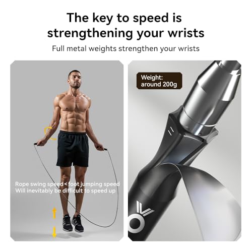 Weighted Jump Rope,Dual Bearing Smooth Rotation Speed Jump Rope, One-Button Push Adjustable Length for Men Women, Workout with Metal Handles for Fitness, Home Exercise & Slim Body