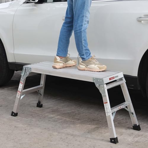 Folding Aluminum Work Platform & Heavy Duty Platform Step Ladder for Home, Portable Aluminum Step Stool & Aluminum Bench with Non-Slip Rubber Feet,225lbs (with No-Telescopic Legs)