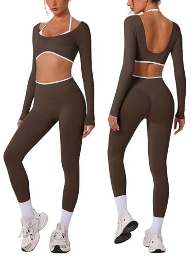 ABOCIW Workout Sets for Women Long Sleeve Crop Top Scrunch Butt Lifting High Waist Leggings 2 Piece Gym Yoga Outfits - color: Coffee, size: X-Small