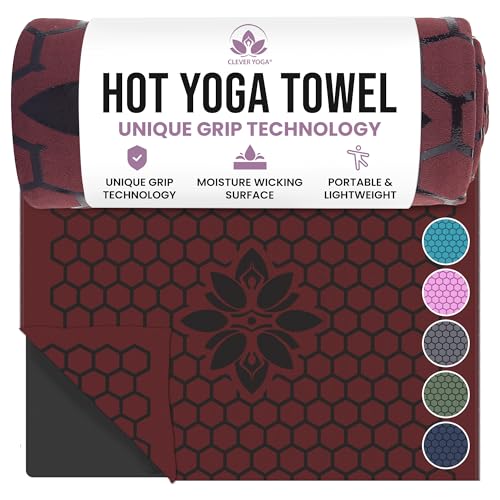 Hot Yoga Mat Towel – Non-Slip Grip for Hot Yoga, Sweat Absorbent, Honeycomb Silicone Grip, Stays Flat – Ideal for Pilates, Travel, Washable & Lightweight - Burgundy