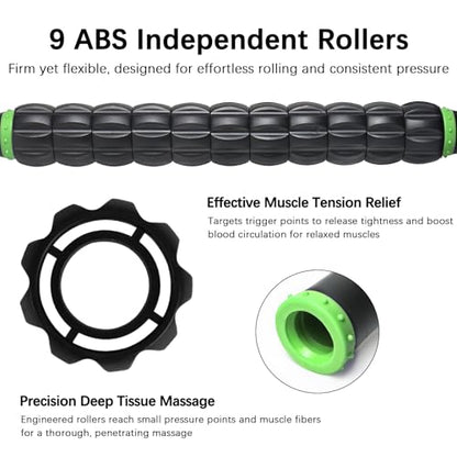 Muscle Roller Massage Roller Stick- Deep Tissue Fascia Blaster for Myofascial Pain Relief, Lymphatic Drainage & Body Sculpting, Handheld Physical Therapy & Recovery Tool (Green black-18 inch)