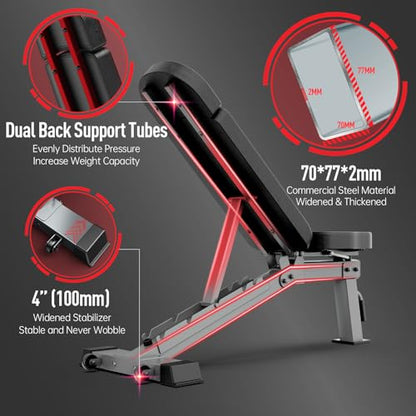 JOROTO Adjustable Weight Bench for Home Gym, Heavy-duty 1300LB Capacity | Strength Training, Bench Press, Decline, Incline, 34" Extra Backrest with Wheels Workout Bench for Home Gym, Utility