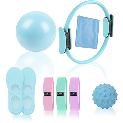Pilates Essentials Kit for Women, Pilates Equipment, for Home Workouts with Ring and Ball Set, 3pcs Booty Bands, Yoga Bands for Stretching, Fascia Ball, Yoga Socks - color: blue