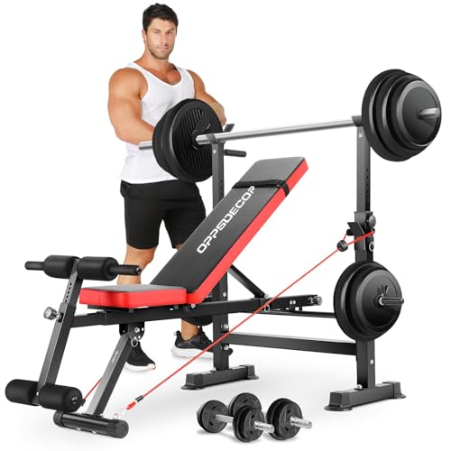 OPPSDECOR 600lbs 6 in 1 Weight Bench Set with Squat Rack Foldable Bench Press with Removable Foot Catch Adjustable Workout Bench for Home Gym