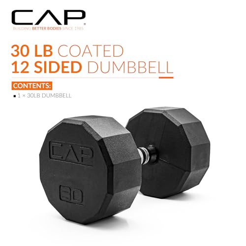 CAP Rubber Coated Dumbbell Weights, Free Weights for Home Gym Strength Training, Anti-Roll Hex Dumbbells with Black, Chrome & Comfort Grip Handles, Singles - size: 30 lb, style: 12-Sided - Chrome Handle
