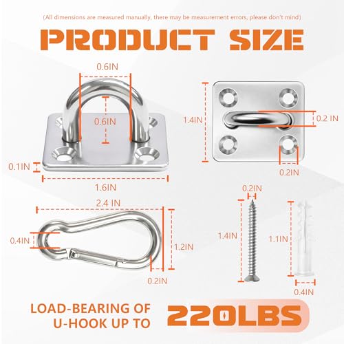 4 Pack Heavy Duty M6 304 Stainless Steel Pad Eye Plates with Snap Hooks, Swing Hanger Hardware Kit for Hammock Chair, Porch Swing, Yoga Swing, Ceiling Mount Anchor, Indoor & Outdoor Use