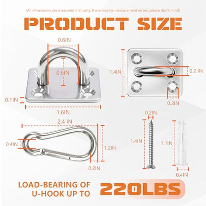 4 Pack Heavy Duty M6 304 Stainless Steel Pad Eye Plates with Snap Hooks, Swing Hanger Hardware Kit for Hammock Chair, Porch Swing, Yoga Swing, Ceiling Mount Anchor, Indoor & Outdoor Use