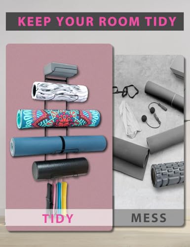 5-Tiers Yoga Mat Holder Wall Mount, Metal Storage Rack for Mats/Wheels, Foam Roller and Block, Wall Rack with 3-Hooks for Hanging Stretching Strap, Resistance Bands, Yoga Accessories