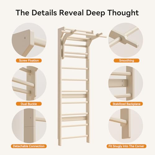 Swedish ladder wall gym adult & Pull Up Bar Gymnastics Bar – Ultimate Wall Bars for Exercise with Adjustable Dip Bar Attachment,Moves wall bars, Wood Stall Bars for Home, Calisthenics, Physical Therapy and Kids Training
