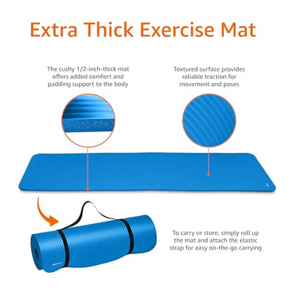 Amazon Basics Extra Thick Exercise Yoga Mat with Carrying Strap - color: Blue, style: 1/2 Inch