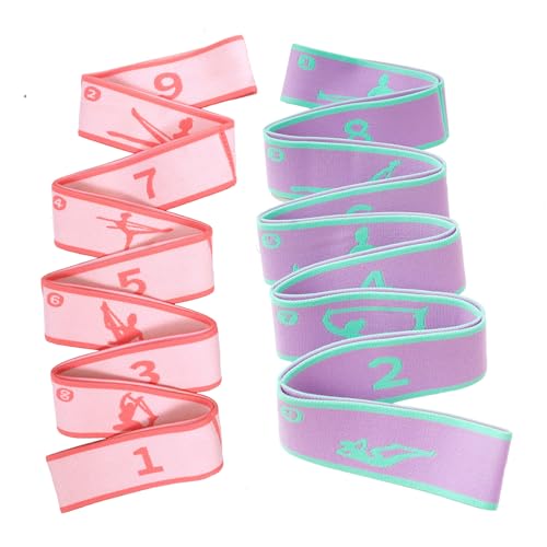 2 Pack 9-Loop Stretch Strap with Pose Guide Pattern, Elastic Yoga Band for Dance, Pilates, Gymnastics, Flexibility Exercise, Kids Workout Training, Youth Ballet Belt