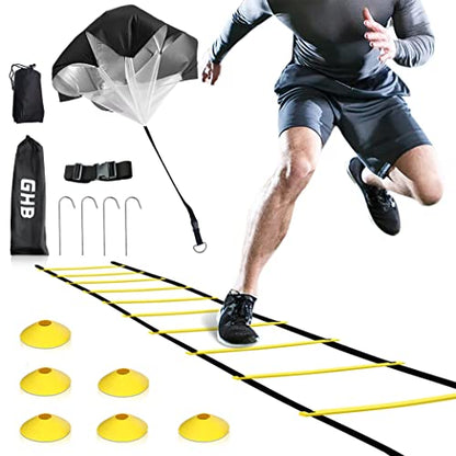 GHB Agility Ladder Speed Training Ladder Workout Ladder with 6 or 10 Cones 12 Rung 20ft with Resistance Parachute - color: Yellow-6 Cones