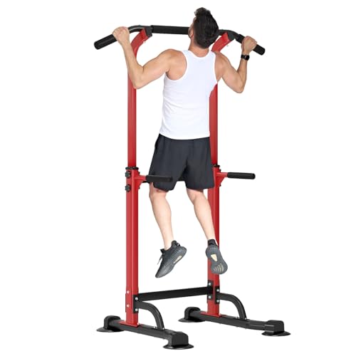 Pull Up Dip Station Adjustable 58.5-82.7 inch, Free Standing Pull Up Bar with 10 Height Settings, 400 lbs Capacity Multifunctional Home Gym Tower for Home Gym Pull Ups Dips Push Ups Core Workouts