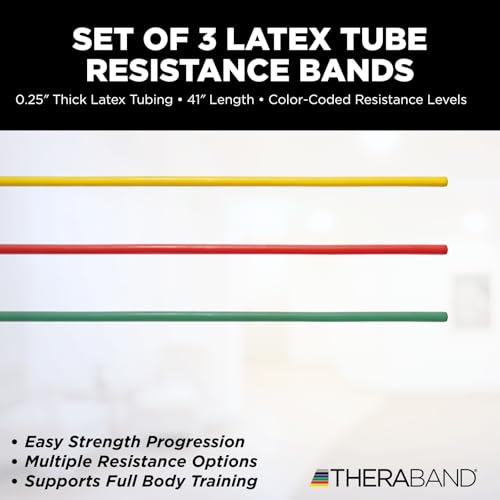 THERABAND Resistance Tubes, Begginer Set, Yellow, Red, and Green, 5 ft Latex Tubing, Home or Clinic Use, Cut-to-Fit, Color-Coded Resistance Bands for Upper & Lower Body Workouts
