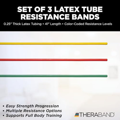 THERABAND Resistance Tubes, Begginer Set, Yellow, Red, and Green, 5 ft Latex Tubing, Home or Clinic Use, Cut-to-Fit, Color-Coded Resistance Bands for Upper & Lower Body Workouts
