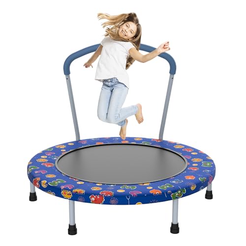 36" Kids Trampoline with Handle, Indoor Mini Trampoline for Kids, Toddlers Small Rebounder Fitness Trampoline for Indoor and Outdoor Use - color: Blue Multi