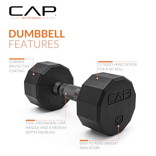 CAP Rubber Coated Dumbbell Weights, Free Weights for Home Gym Strength Training, Anti-Roll Hex Dumbbells with Black, Chrome & Comfort Grip Handles, Pairs & Sets - size: 15 lb - Pair, style: 12-Sided - Black Handle