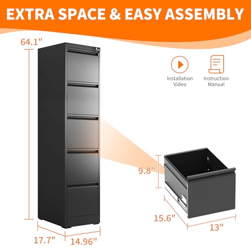 Metal File Cabinet with Drawer Heavy Duty Locking File Cabinets - color: Black, size: 64.2"H-5 drawers