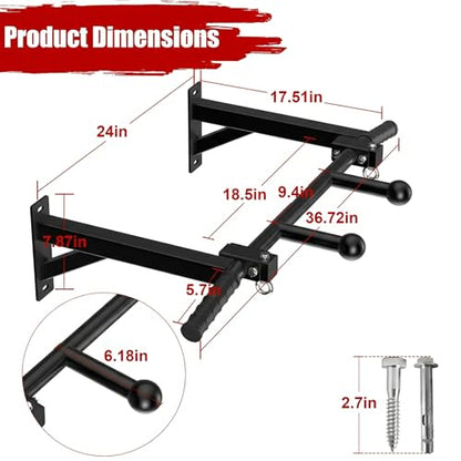 Wall Mount Pull Up Bar, Heavy Duty Steel PullUp Bar Fits Wood Studs, Multi Grip Pull Up Bar with Ball Finger & Round Rings, for Home Gym Garage Basement Strength Training Chin Up Bar