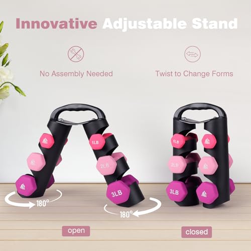 LIONSCOOL Set of 2 Neoprene Coated Dumbbell Hand Weights, Anti-Slip and Anti-Roll Hex Dumbbells in Pair for Strength Training, Resistance Training - style: 12lb, set of 6 with stand (Rosy Vigor)