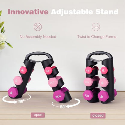 LIONSCOOL Set of 2 Neoprene Coated Dumbbell Hand Weights, Anti-Slip and Anti-Roll Hex Dumbbells in Pair for Strength Training, Resistance Training - style: 12lb, set of 6 with stand (Rosy Vigor)