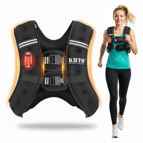 KHTO Weighted Vest Woman Men-5lbs/10lbs/15lbs/20lbs/25lbs/30lbs Weight Vest with Warning Light Reflective Strip for Workout, Strength Training, Running