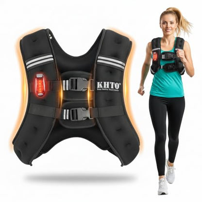 KHTO Weighted Vest Woman Men-5lbs/10lbs/15lbs/20lbs/25lbs/30lbs Weight Vest with Warning Light Reflective Strip for Workout, Strength Training, Running