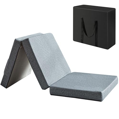 BDEUS Tri-Fold 3.8" Memory Foam Topper Cot Size Portable Bed, Foldable Floor Mat for Adults & Kids, Washable CertiPUR-US Certified Cover, Lightweight for Travel/Camping/Yoga - color: Grey, size: Cot