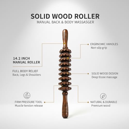 14.2 Inch Solid Wood Roller, Manual Stick for Home Gym, Ergonomic Firm Pressure Tool (1 Pack) - color: Brown