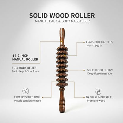 14.2 Inch Solid Wood Roller, Manual Stick for Home Gym, Ergonomic Firm Pressure Tool (1 Pack) - color: Brown