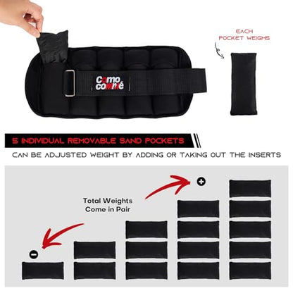 Adjustable Ankle Weights, 2 3 5 lb 1 Pair Strength Training Wrist Leg Arm Weights for Women, Men, Weighted Ankle Weight Set with Removable Sandbags for for Gym, Fitness Workout, Running Lifting