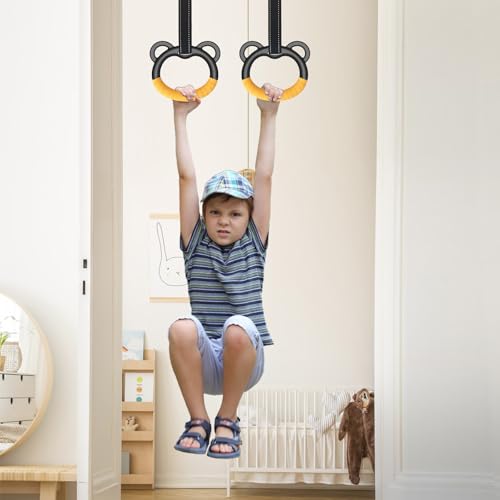 Gymnastics Rings, Professional Children's Home Fitness Equipment, Children's Adjustable Harness Strength Training Rings, Indoor Gymnastics Rings (Yellow)