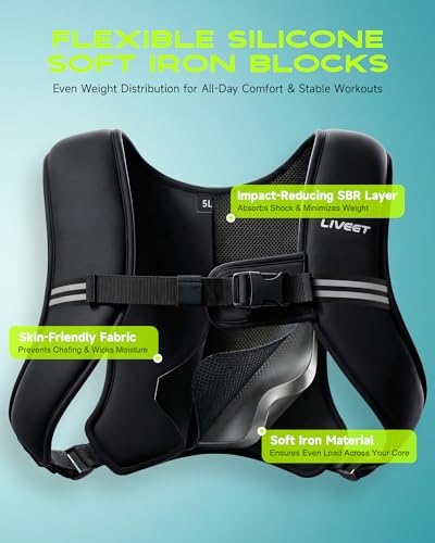 Weighted Vest, Weight Vest for Women Men, 5/10/15 lb Washable Silicone Soft Iron Workout Vest with Reflective Strips & Arm Pocket, Ultra Thin Fitness Vest for Training Walking Yoga - size: 5 LB