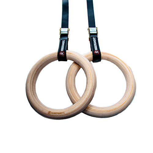 Rubberbanditz Wooden Gymnastic Rings with 16ft Adjustable Straps | Exercise Olympic Rings for Strength Training, Pull-Ups, Dips | Gymnastics Equipment | Fitness Rings for Men & Women