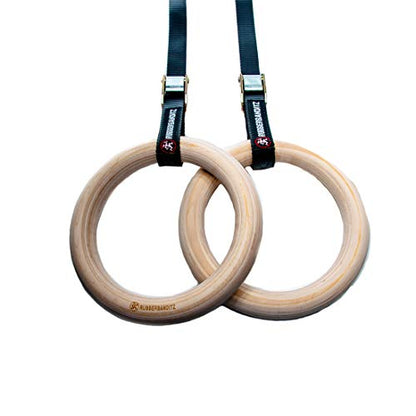 Rubberbanditz Wooden Gymnastic Rings with 16ft Adjustable Straps | Exercise Olympic Rings for Strength Training, Pull-Ups, Dips | Gymnastics Equipment | Fitness Rings for Men & Women
