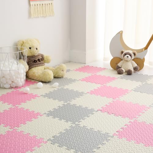 Foam Play Mat for Baby, 0.4 Inch Thick Foam Interlocking Floor Mats, Soft Non-Toxic Baby Playmat, Solid Colored Puzzle Play Mat Kids Floor Mats for Toddler, 16 Tiles(White/Light Gray/Pink) - color: White/Light Gray/Pink, size: 16 Pcs/47.2*47.2