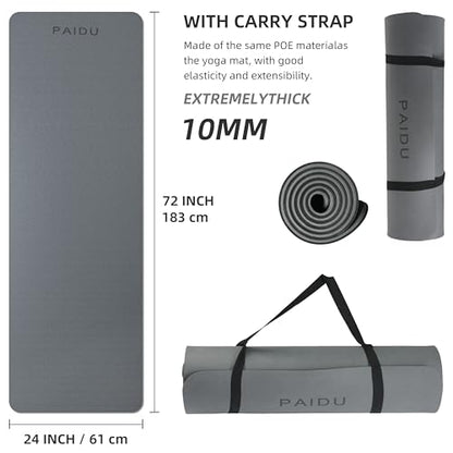 PAIDU POE Yoga Mat （10mm）Extra Thick Fitness Mat 72"x24" with Carry Strap - color: Grey+Black.