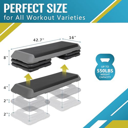 F2C 43 inch Aerobic Exercise Step Platform Adjustable Height Stepper Exercise Workout Step Bench with 4 Risers 4" - 6" - 8" Large Fitness Exercise Stair Step for Home Gym Fitness Training - color: Black