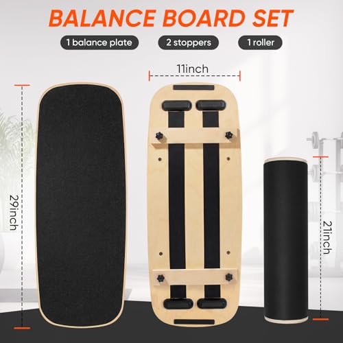 Balance Board with Adjustable Stoppers, Surf Balance Trainer for Adults, Wooden Balance Board for Core Strength & Balance Control, Skateboard Snowboard Training Equipment