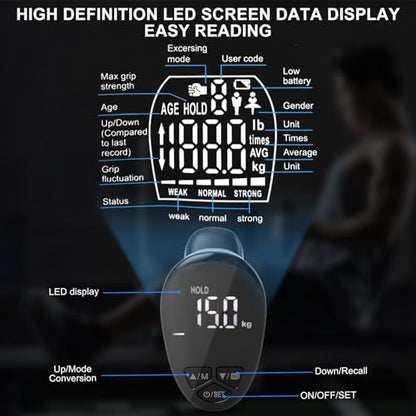 Digital Hand Grip Strength Tester, 198lbs/90kg Electronic Grip Dynamometer with Adjustable Handle & Backlit Display, Comfortable Grip Strength Meter for REHAB, Seniors, Sports & Home Use