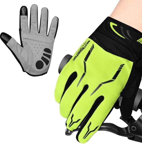 WESTWOOD FOX Cycling Gloves for Men - Full Finger BMX & Mountain Bike Gloves with Touchscreen, MTB, Padded Anti-Slip Grips for Men, Women & Wheelchairs - color: neon green, size: Medium