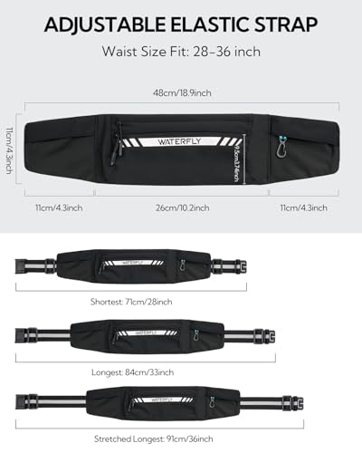 WATERFLY Running Belt Fanny Pack: Slim Breathable 4 Pocket Waist Bag for Men Women Sport Workout Exercise Fitness Phone Holder - Runner Marathon Jogging Waistband Fits ALL Phones Black