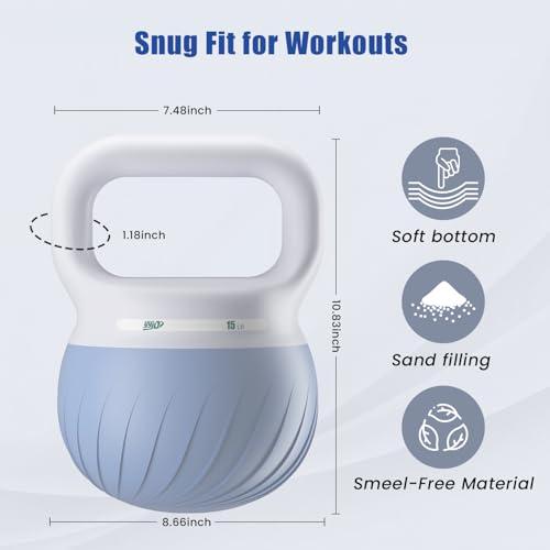 YYJO Soft Kettlebell - Shook Resistance Base Anti-Slip, Wide-Grip Handle 5/10/15 LBS Weights Strength and Safety for Women and Men Workout- Color Coded - color: 15LBS-Blue