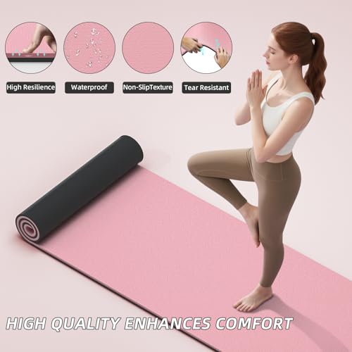 ILILI Extra Long Yoga Mat 10mm (76"x28") - Extra Thick TPE Non-Slip Exercise Mat, Eco-Friendly Double Color Workout Mat for Yoga/Pilates/Home Gym, with Carrying Strap - color: Pink+Black